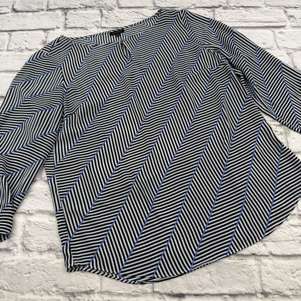 Talbots Womens Small Black White Blue Striped 3/4 Sleeve Tie Cuff Blouse Top